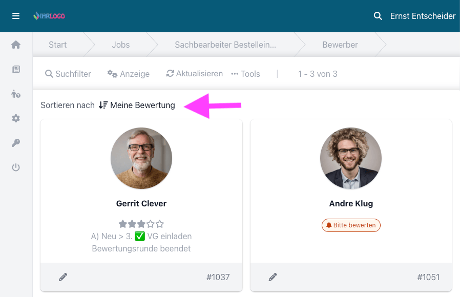 Bewerber im Entscheider-Extranet in der Kartenansicht mit „Sortieren nach Meine Bewertung“