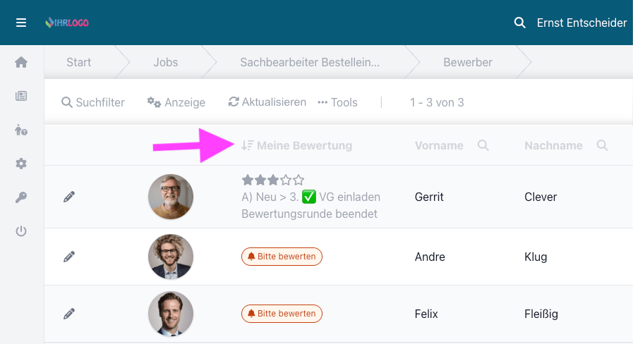 Bewerberliste im Entscheider-Extranet in der Tabellenansicht, sortierbar über die Spalte „Meine Bewertung“