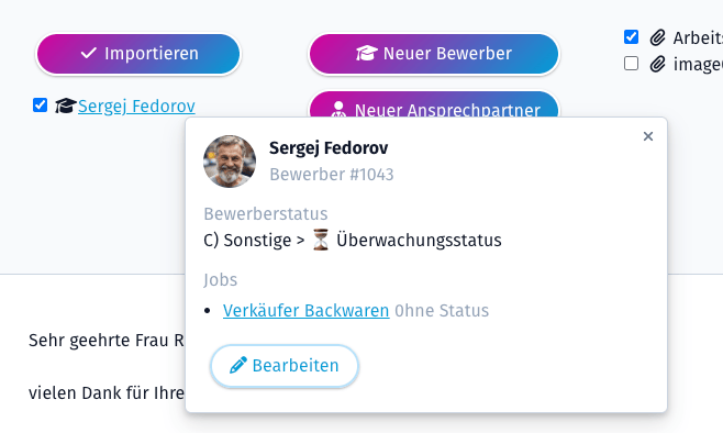 Infofenster im E-Mail-Import mit Foto, Bewerberstatus, zugeordneten Jobs und dem Button „Bearbeiten“