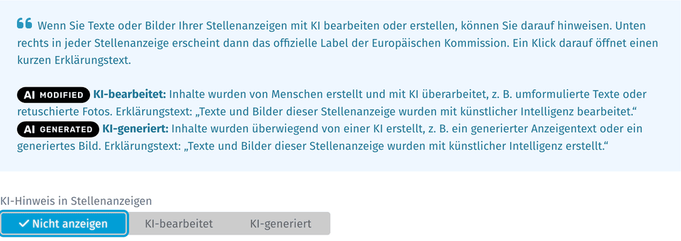Einstellungen „KI-Hinweis“ mit den beiden EU-Labels „AI MODIFIED“ und „AI GENERATED“ und ihren Erklärungstexten