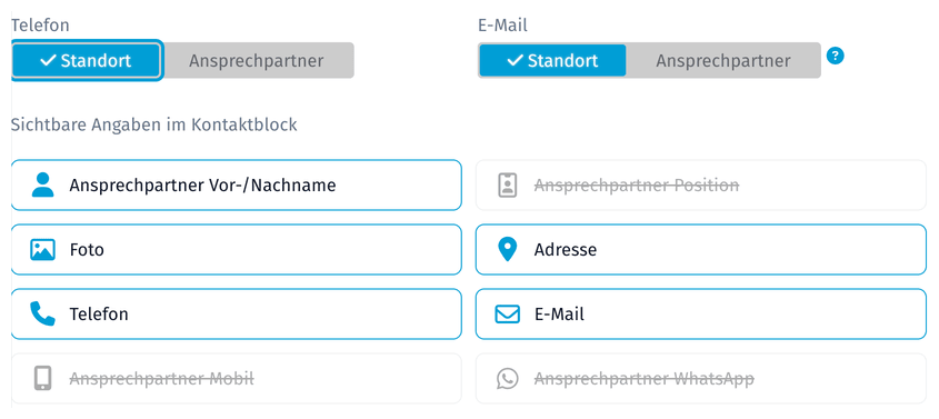 Einstellungen „Kontakt in Stellenanzeigen“: Quelle für Telefon und E-Mail sowie die sichtbaren Angaben im Kontaktblock als Kacheln