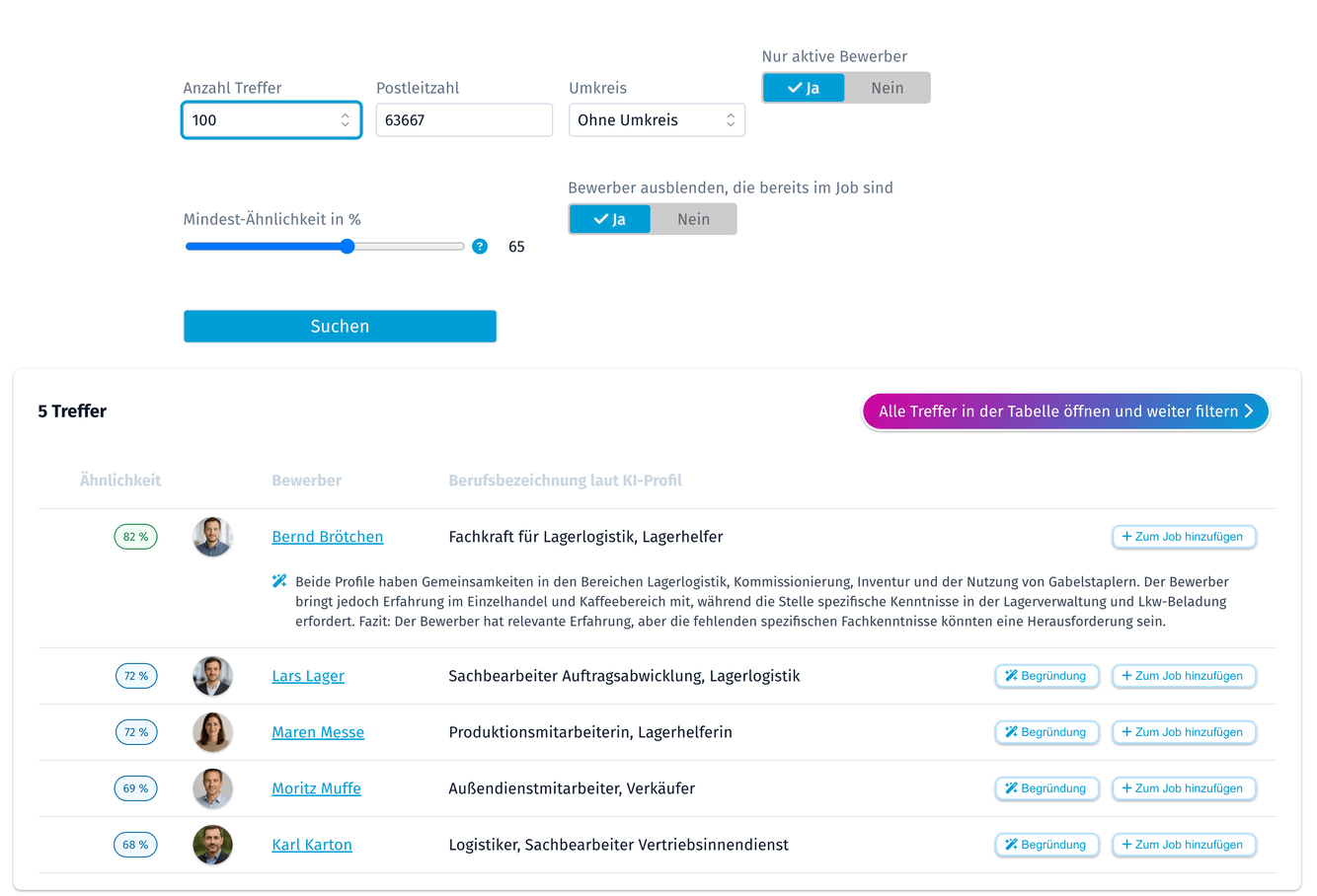 Lookalike-Suche zu einem Job: Trefferliste mit Ähnlichkeit in Prozent, Foto, Name und Berufsbezeichnung, einer KI-Begründung und dem Button „Zum Job hinzufügen“