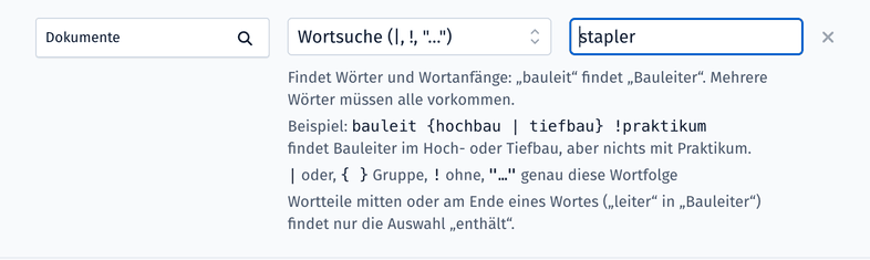 Suchfilter einer Bewerberliste mit der Option „Wortsuche“ für Dokumente und dem Hinweis zur Eingabe