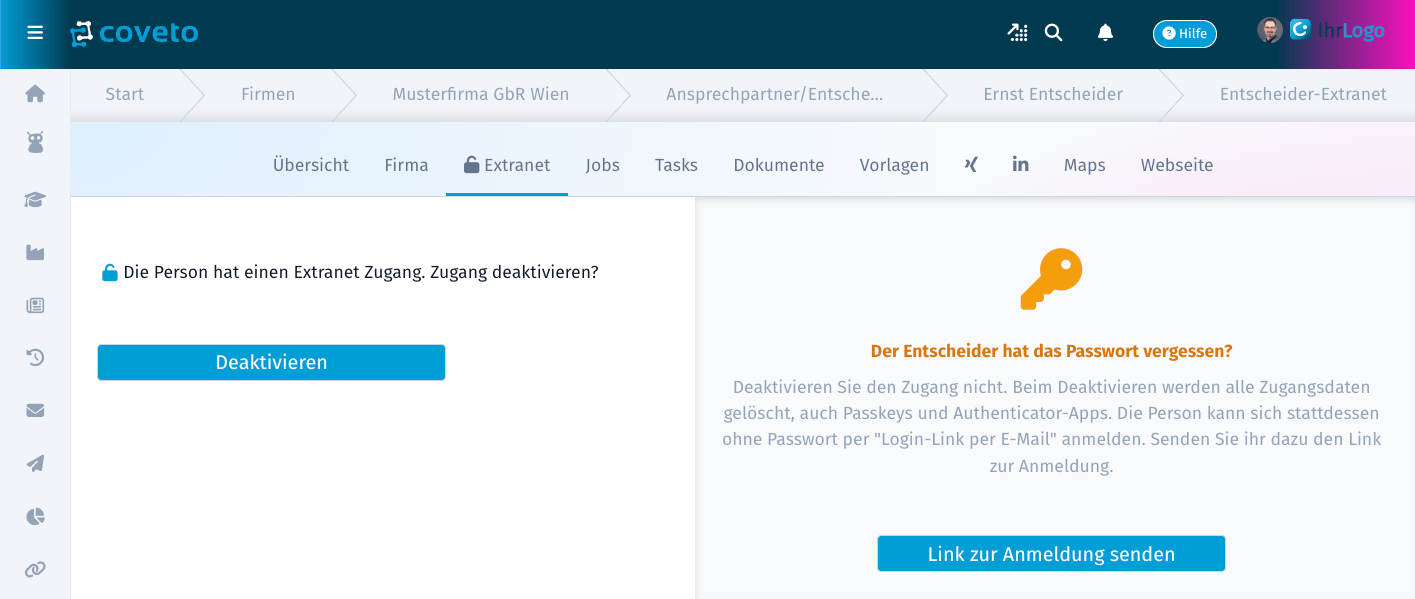 Reiter „Extranet“ eines Entscheiders mit dem Bereich „Der Entscheider hat das Passwort vergessen?“ und dem Button „Link zur Anmeldung senden“