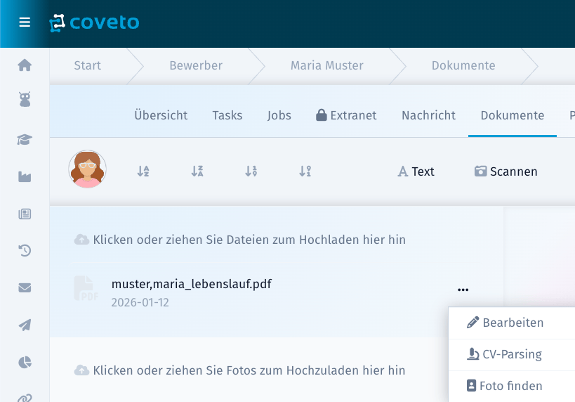 Dokumentenseite eines Bewerbers mit geöffnetem Menü eines Dokuments und dem Eintrag „Foto finden“