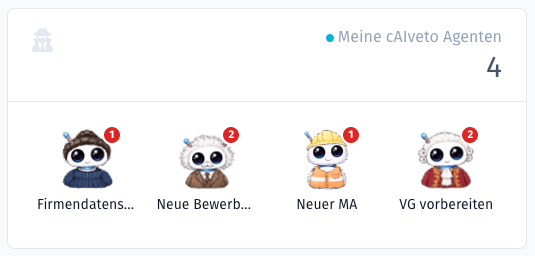Startseiten-Kachel „Meine cAIveto Agenten“ mit Avataren und der Zahl ungelesener Chats je Agent