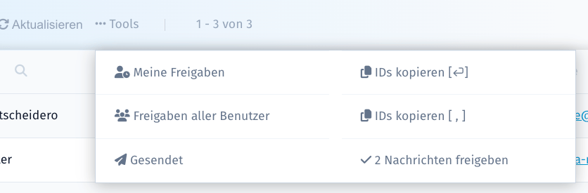 Tools-Menü im Postausgang mit dem Eintrag „2 Nachrichten freigeben“