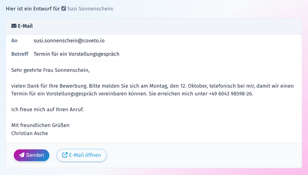 Von cAIveto im Chat vorgeschriebene E-Mail an eine Bewerberin mit den Buttons „Senden“ und „E-Mail öffnen“