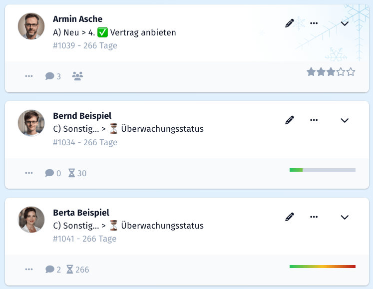 Bewerber-Kacheln im Entscheider-Extranet: Fortschrittsbalken der laufenden Bewertungsrunde und Frost-Motiv bei einer beendeten Runde
