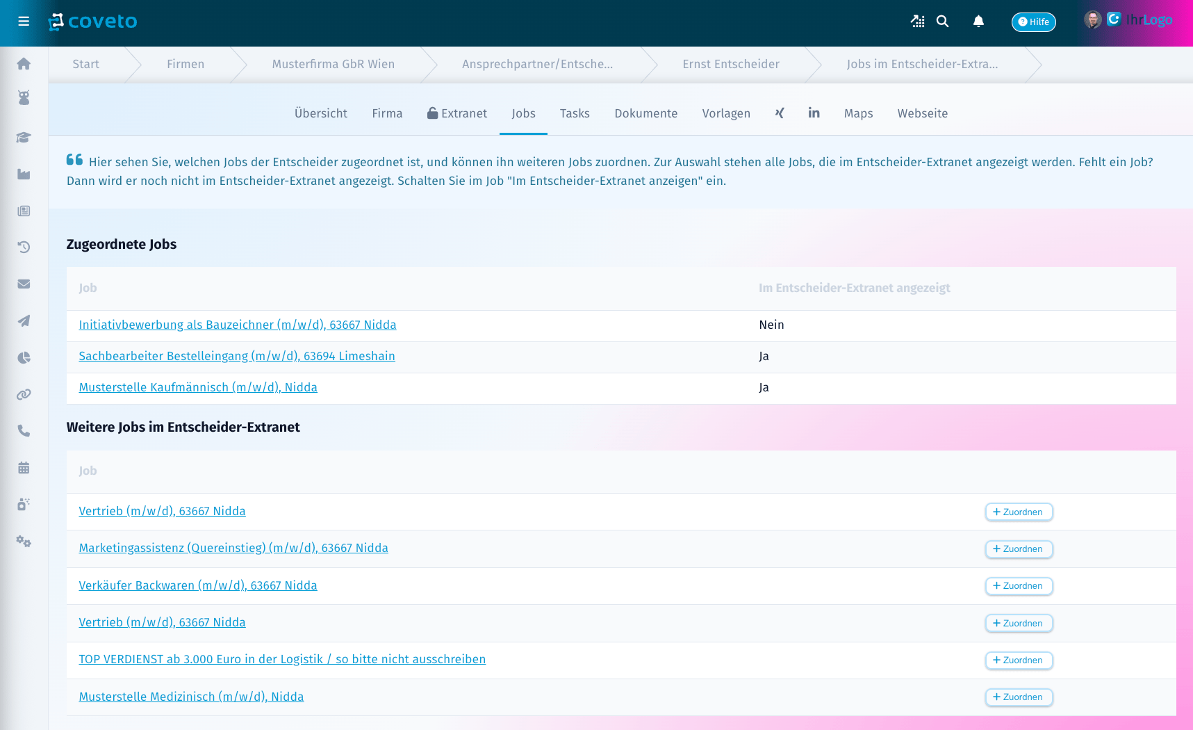Reiter „Jobs“ eines Entscheiders mit den zugeordneten Jobs und weiteren Jobs im Entscheider-Extranet zum Zuordnen