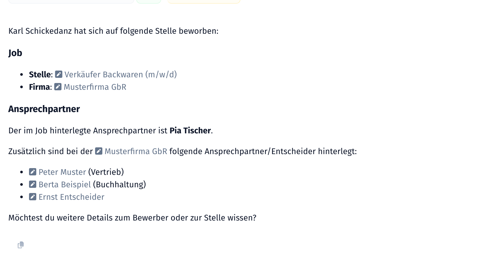 Antwort des KI-Chats mit Links zu Job, Firma und Ansprechpartnern