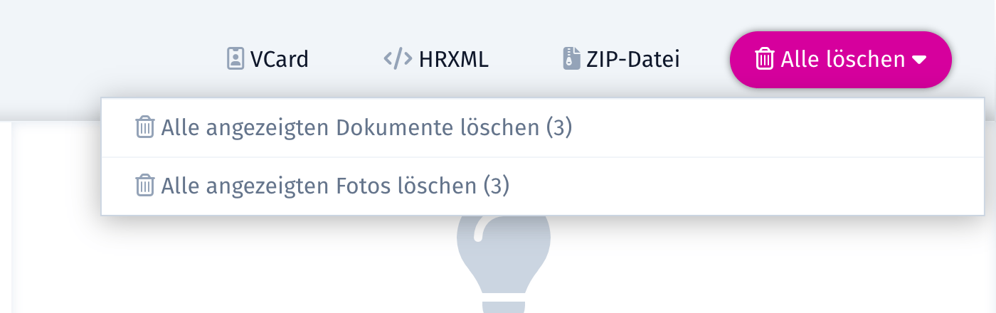 Dropdown „Alle löschen" in der Dokumente-Ansicht