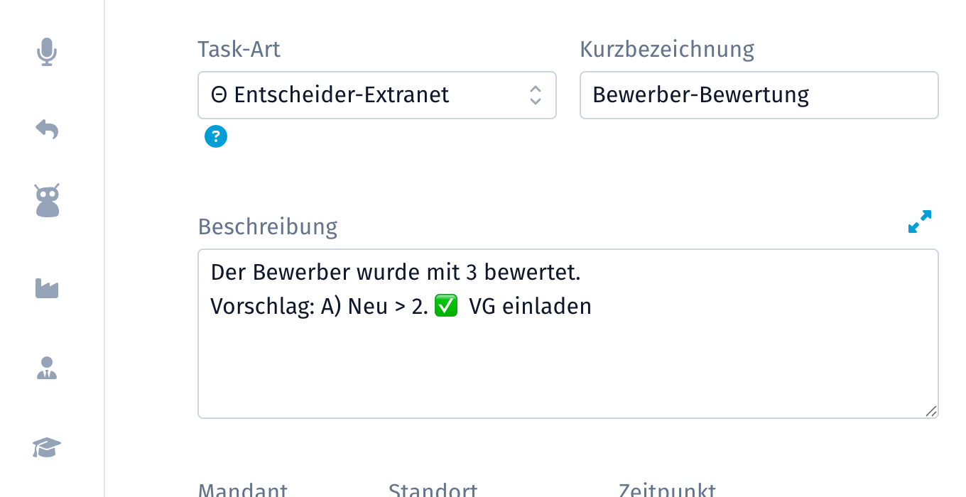 Buttons zu Firma, Ansprechpartner und Bewerber im Task-Formular